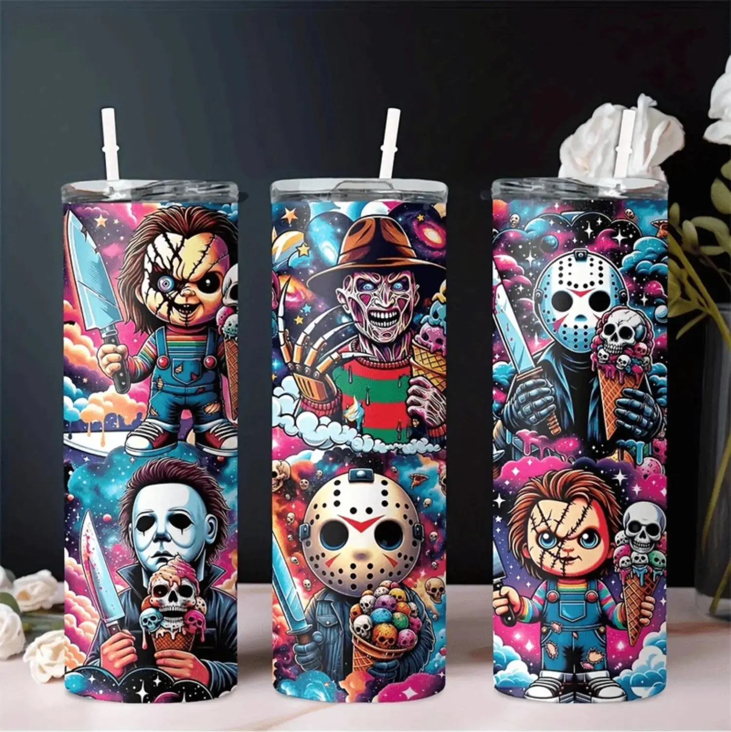 20oz Halloween Themed Insulated Flask Bottle, Horror Movie Character Designs, Ideal for Cold Beverages & Travel Use