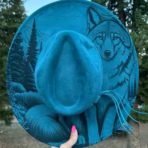 Wof Engraved Fedora Hat - Blue Color with Wolf Design and Tassel Detailing