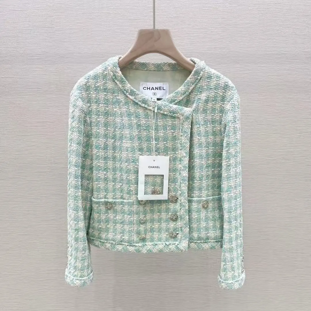 Pre-owned Chanel 23S Casual Mint Green Plaid Tweed Coat Size 36, Style 102065