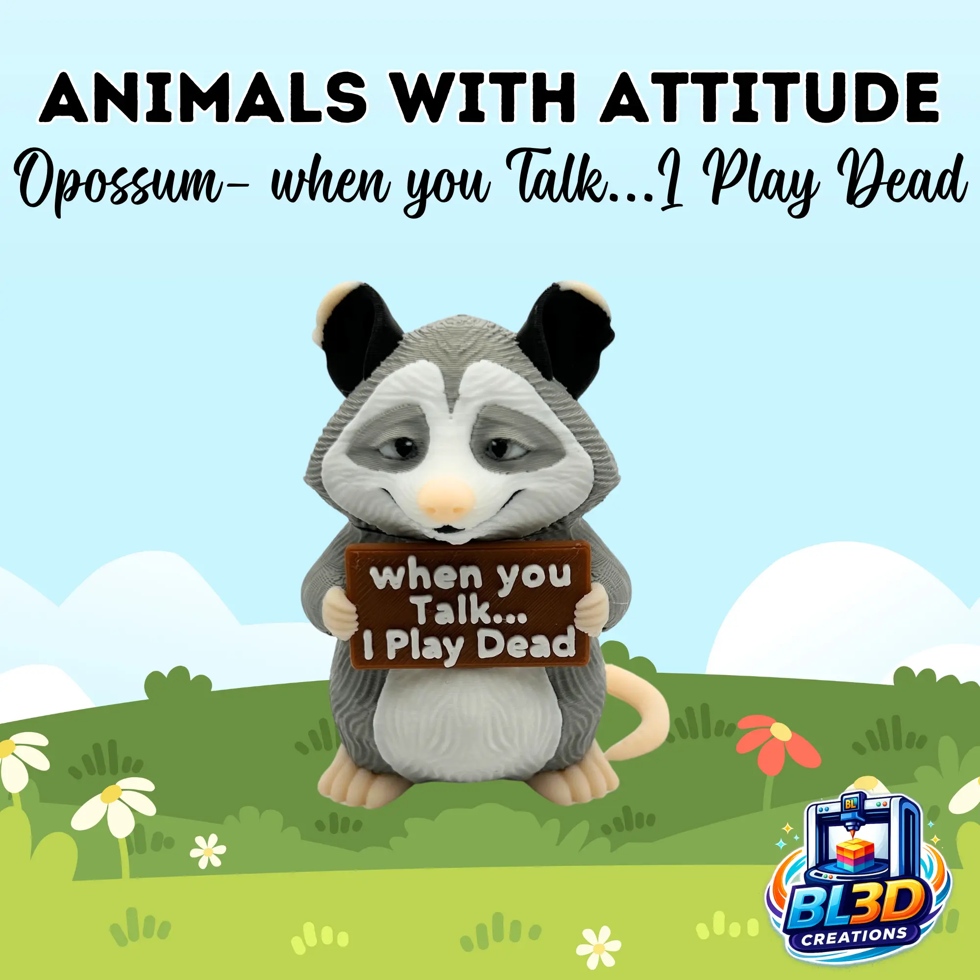 Opossum "When you Talk...I Play Dead" Animals with Attitude Figurine, Cute 3D Desk Decor, Kawaii Animal Statue, Funny Gift Idea, Office Shelf Decor, Unique Handmade Style Collectible, Mood Humor Figurines