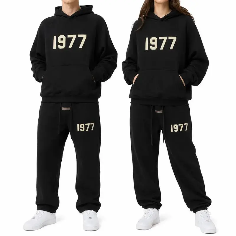1977 Essential Hoodie & Pants Black Set Unisex Streetwear Tracksuit, Pullover Sweatshirt + Joggers, Gift for Him or Her 2025