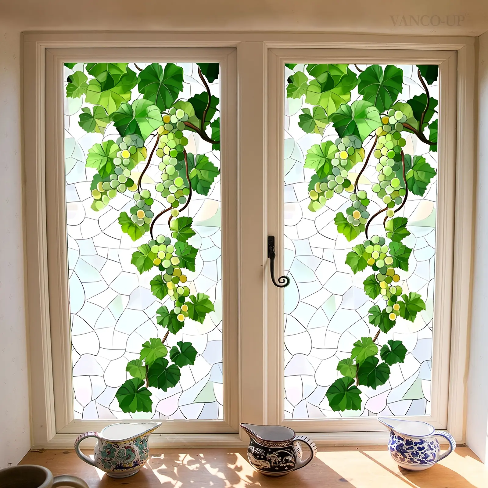 A new large-sized flat static sticker with green grape vines, measuring 45*100cm, as a home background decoration window sticker (D18067)