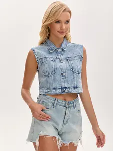 INSPIRE CHIC Women's Denim Vest Button Down Jacket Washed Rhinestones Sleeveless Jean Jacket