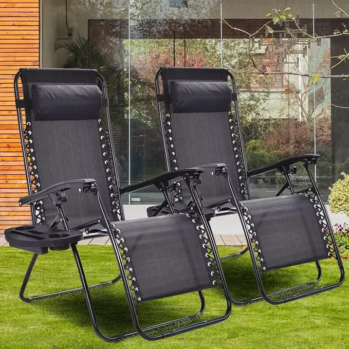 Set of 2 Adjustable Steel Mesh Zero Gravity Lounge Chair Recliners wPillows and Cup Holder Trays PinkSet of 2 Zero Cravity Lounge ChairsOutdoor Pa