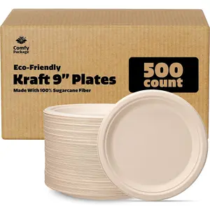 100% Compostable, 9 Inch Heavy-Duty Plates, Eco-Friendly Disposable Sugarcane Paper Plates - Brown Unbleached, 500 Count