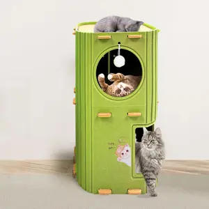 Cat House for Indoor Cats 2-Storey Cozy Felt Bed Cave with Tunnel Hideaway Large Multi-Cat Condo for Rest Play Home Pet Cube House with Toy Multi-Level Pet Bed Cat Hideout Nest bed new year Tree