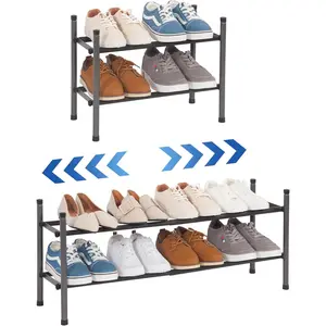 Expandable Shoe Rack, 8 Pairs Stackable Small Shoe Rack, Metal Adjustable Shoes Organizer for Closet, Entryway, Hallway, Garage, Front Door, Shoes Shelves, Black 2 Tier