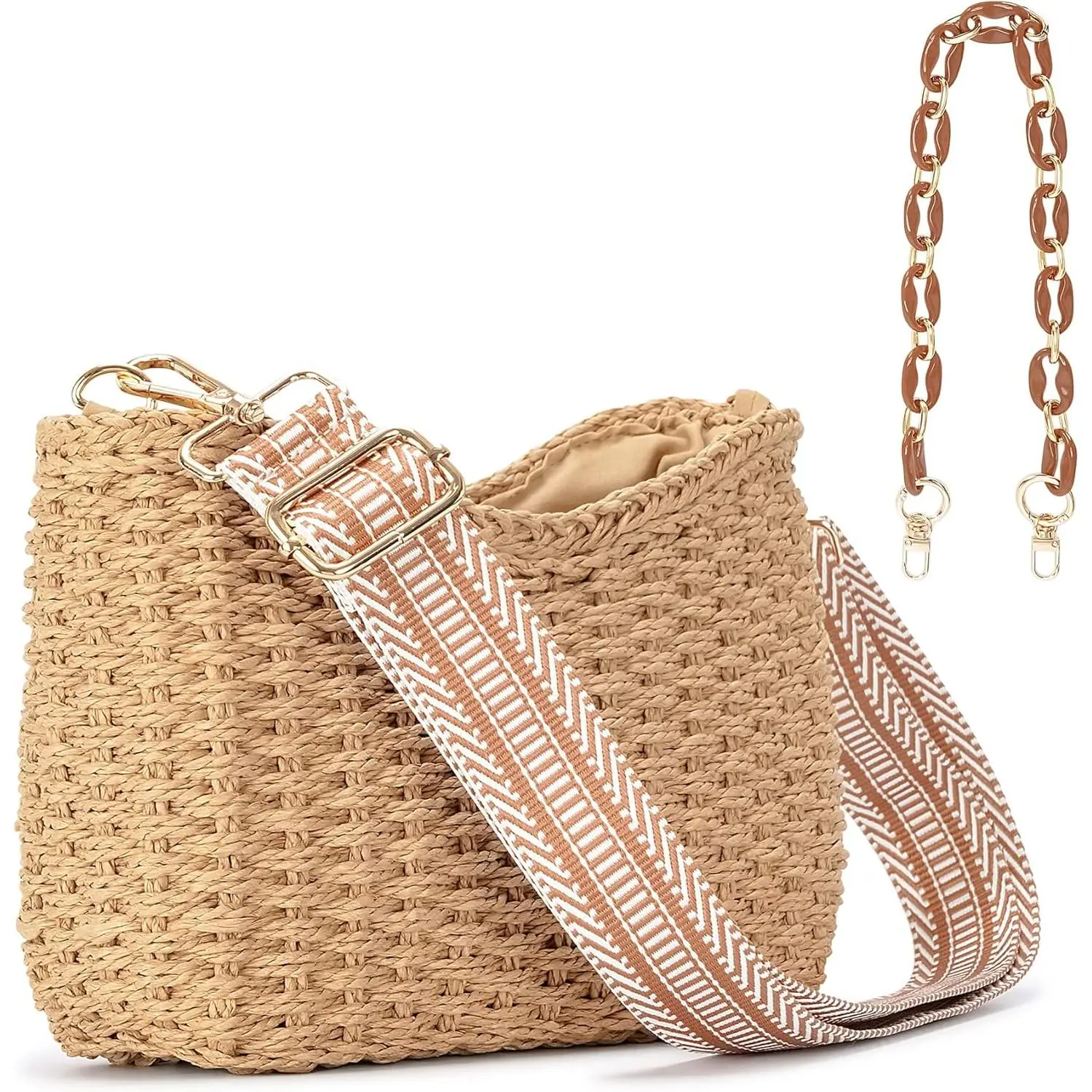 Small Handmade Straw Pocketbook Crossbody Bag for Women, Summer Chic Woven Handbag  Purse with Chain