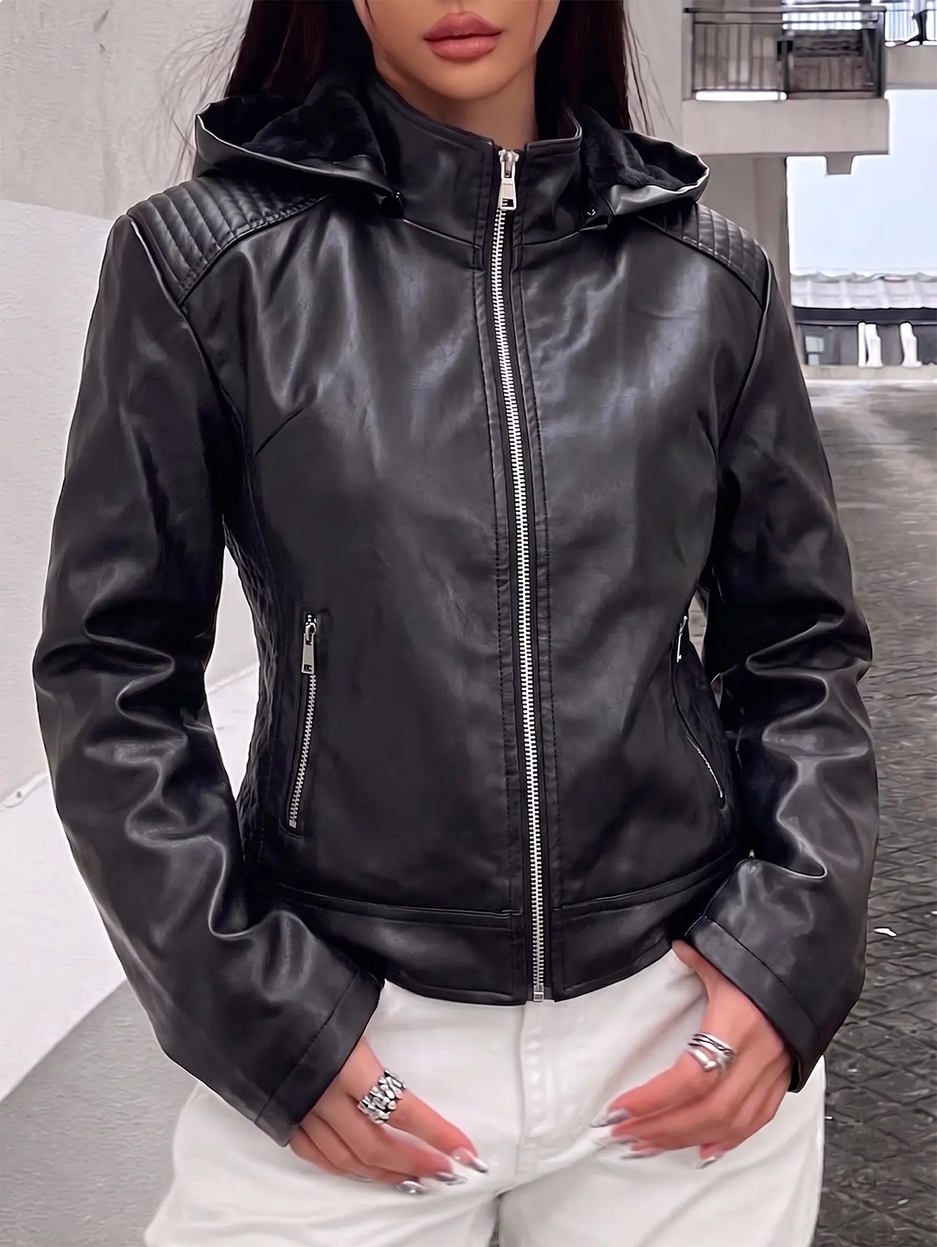 Women's Slim Fit Fleece-Lined Black PU Faux Leather Cycling Jacket with Detachable Hood, Streetwear Jacket for Fall Winter and Camping