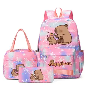 3pc Snowflake Multi Compartment Backpack Set, Cute Capybara Pattern, Multiple Colors, Multifunctional, Durable Material, Includes Lunch Bag and Pencil Case, School Backpacks