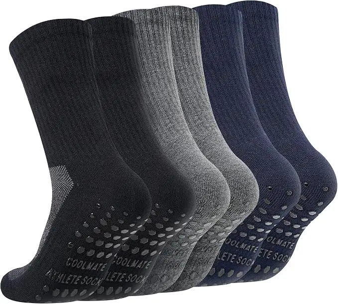 CoolMate Mens Grip Socks, Non-Slip Mens Crew Socks for Hospital Elderly, 3 Pairs