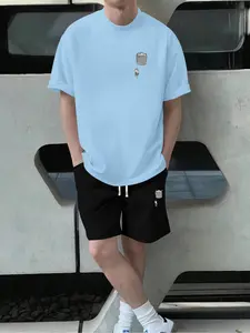 Men's Regular Fit Cat Print Tee & Drawstring Waist Shorts Set, Casual Short Sleeve T-shirt & Pocket Track Shorts, Men's Summer Clothes