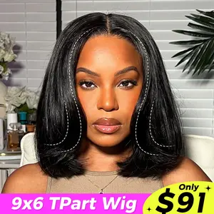 OQ Hair 9x6 TPart Layered Cut Wear Go Wigs 220% Density Yaki Straight Short Bob Wig Human Hair Pre Bleached Tiny Knots With Drawstring