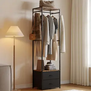 Freestanding Coat Rack, Coat Hanger Stand, Narrow Clothes Rack with Drawers, Wardrobe Closet with Shoe Storage, Skinny Clothes Storage Shelf for Entryway
