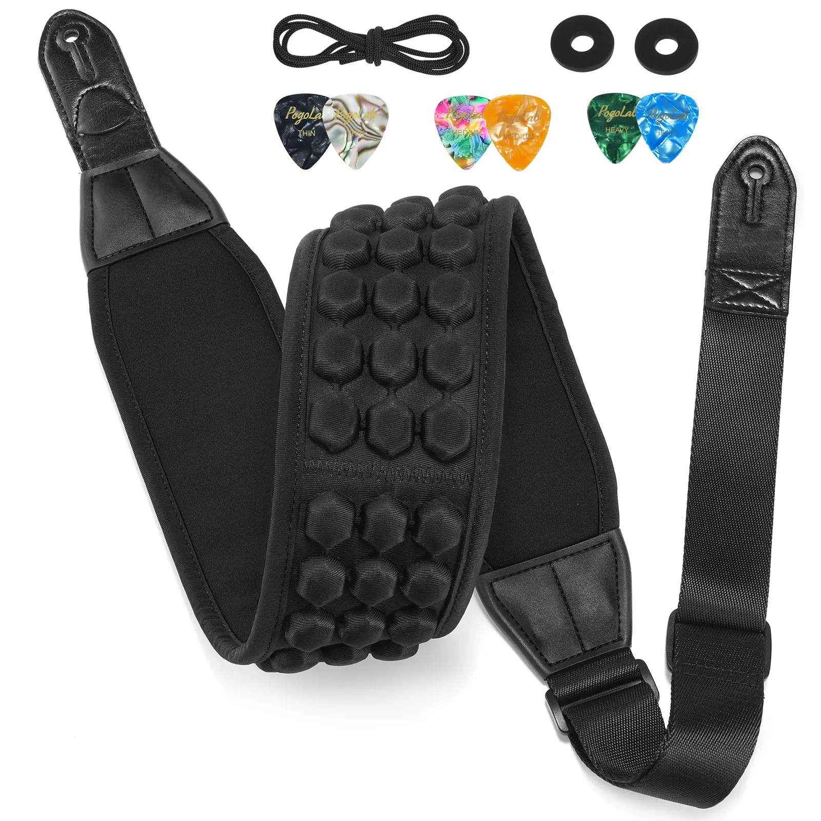 POGOLAB PGS-13 Guitar Strap, Neoprene Padded Comfortable Bass Strap, 3.5" Wide Air Cell Cushions, with Strap Picks, for Bass Guitar