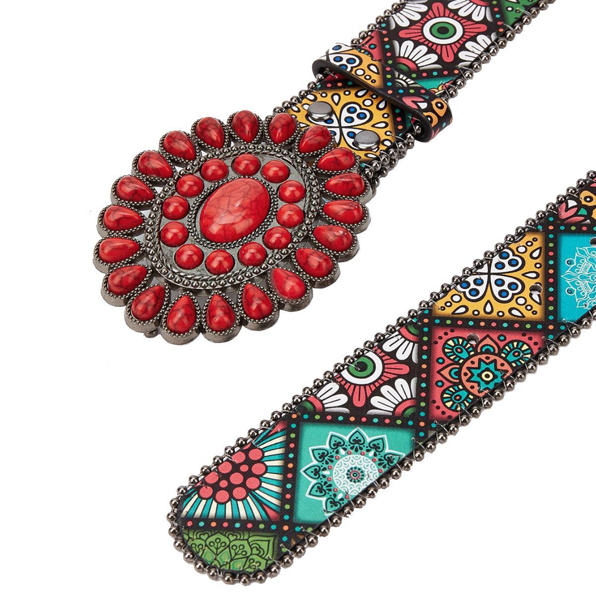 AWAYTR Bohemian Red Stone Flower Buckle Belt Western Ethnic Print Waist Belt Vintage Cowgirl Statement Belt Boho Accessories for Women Fits Jeans Dresses