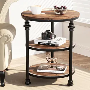 3-Tier Round Side Table for Living Room, Bedroom, or Small Space Storage with Rustic Industrial Style