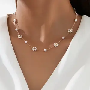 14K Gold Plated Pearl Flower Choker Necklace for Women, Dainty Floral Station Chain with Cultured Pearl Accents, Minimalist Romantic Jewelry Gift for Her
