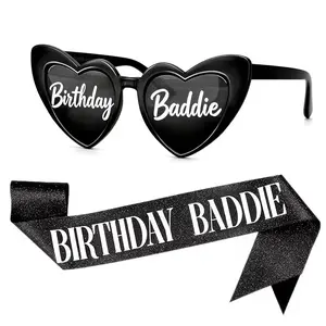2pcs/Pack Birthday Baddie Sash and Glasses for Women, Birthday Girl Outfit Suitable 21st 25th 30th 40th 50th 60th Women Accessories Pins for Party Decoration Favors Supplies