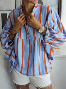 Women's Loose Blue Striped Linen Blend Shirt, Casual Half Button Top, Perfect for Summer & Streetwear, Long Sleeve Blouse