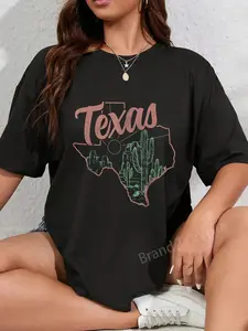 100% Cotton Unisex Souvenir Vintage State of Texas Cacti T-Shirt Graphic Casual Round Neck Tee