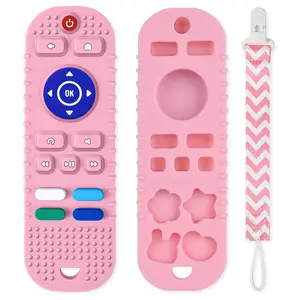 Silicone Baby Teething Toys, Remote Control Shape Teethers Toys with Teething Tubes and Pacifier Clip, Baby Teething Toys for 3 Months+, Remote Teething Toy BPA Free/Freezable/Dishwasher Safe(Pink)