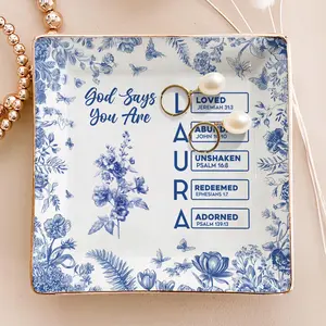 Personalized Christian Name Jewelry Dish With Bible Verses, Custom Scripture Gift for Women, God Says I Am Toile De Jouy, Unique Religious Gift For Mom Mother's Day Gift Ideas for Her