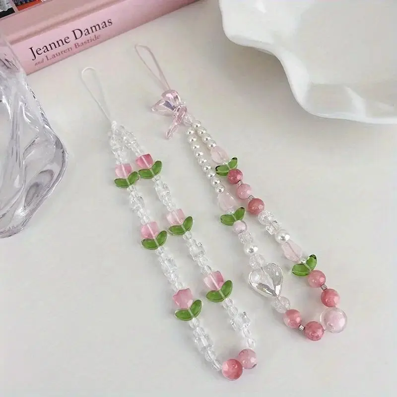 Women's Sweet Peach Beaded Chain Mobile Phone Charm Strap - Girls' Smartphone Lanyard, Pearl Flower Keychain Accessories for iPhones, Iphone Lanyard