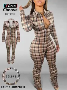Women's Sexy Casual Plaid Bodycon Jumpsuit with Collared, Zipper Front & Ruched Design, Tight-Fitting Long Sleeve Jumpsuit for Fall & Winter