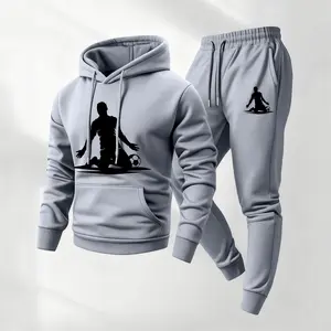 Men's 2-Piece Printed Soccer Sweatsuit Loose - Drawstring Hoodie & Track Bottoms, Long-Sleeve Casual Athletic Set, Fall/Winter Daily Wear, Indoor-Outdoor Athleisure Sportswear
