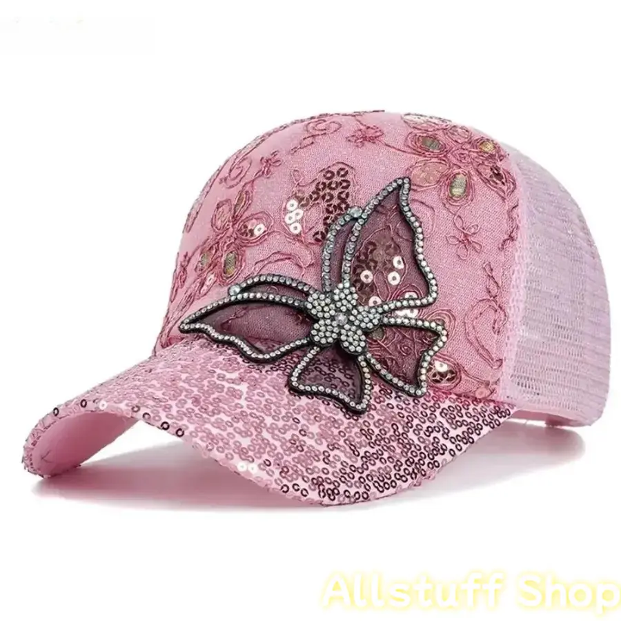 Women's Lace Butterfly Baseball Cap with Glitter Accents, Adjustable Breathable Mesh Back for Outdoor Sun Protection, One Size