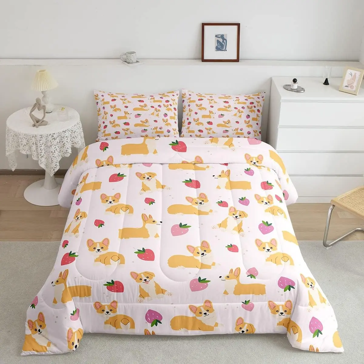 Feelyou Twin Size Microfiber Duvet Set - 3D Puppy Cartoon Corgi Print, Strawberry Quilted Luxury Designer Bedding, Breathable Soft Blanket, Comfy Bedding Sets, Household Bedding Set