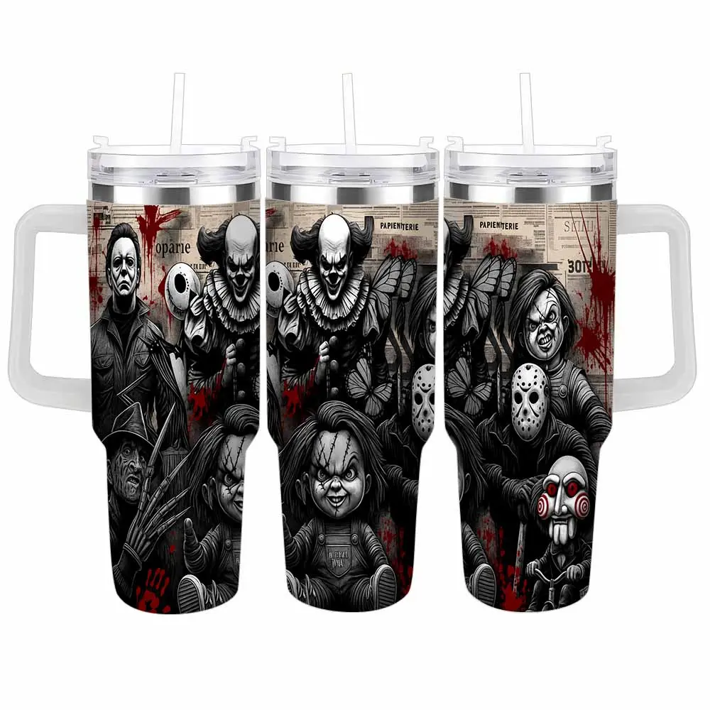 Horror Movie Characters Tumbler 40oz/30oz Spooky Villain Print Insulated Stainless Steel Cup Double Wall Vacuum Travel Mug Leakproof Lid Perfect for Halloween Party Daily Office Use Gothic Gift