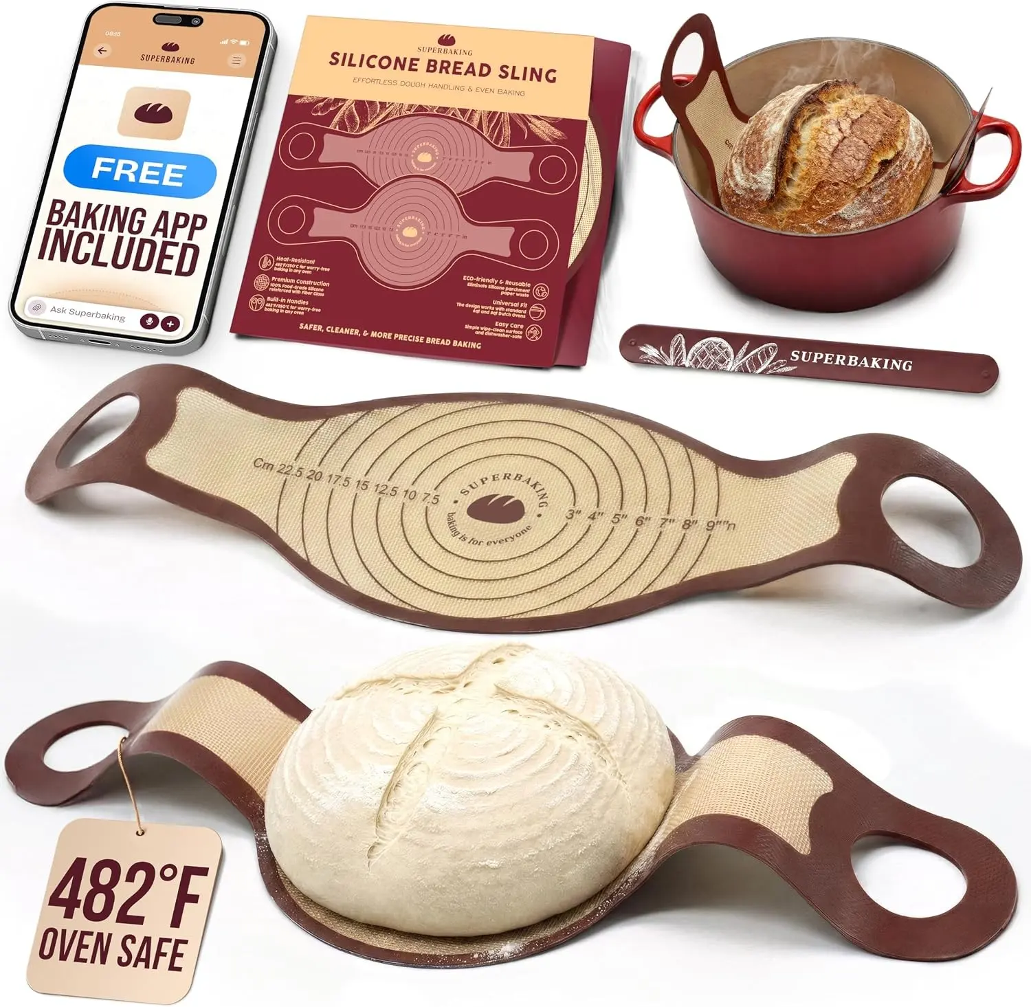 2-Piece Silicone Bread Sling Set - 9 in Round & Oval, 482F Heatproof Dough Lifter, Non-Stick Dutch Oven Liners, Long Handles, Reusable Home Baking Supplies, Gifts for Bakers