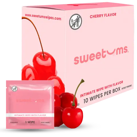 SWEETUMS Cherry Flavored Feminine Wipes - 10 Wipes per Box - Scented, pH Balanced, Gynecologist & Dermatologist Tested Comfort, feminine hygiene wipes individually wrapped