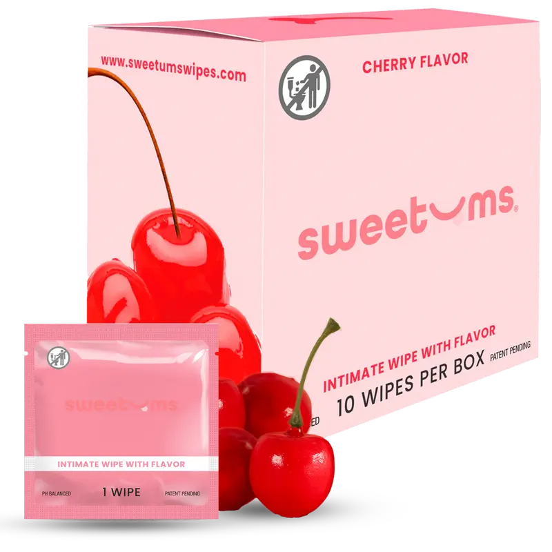 SWEETUMS Cherry Flavored Feminine Wipes - 10 Wipes per Box - Scented, pH Balanced, Gynecologist & Dermatologist Tested Comfort, feminine hygiene wipes individually wrapped