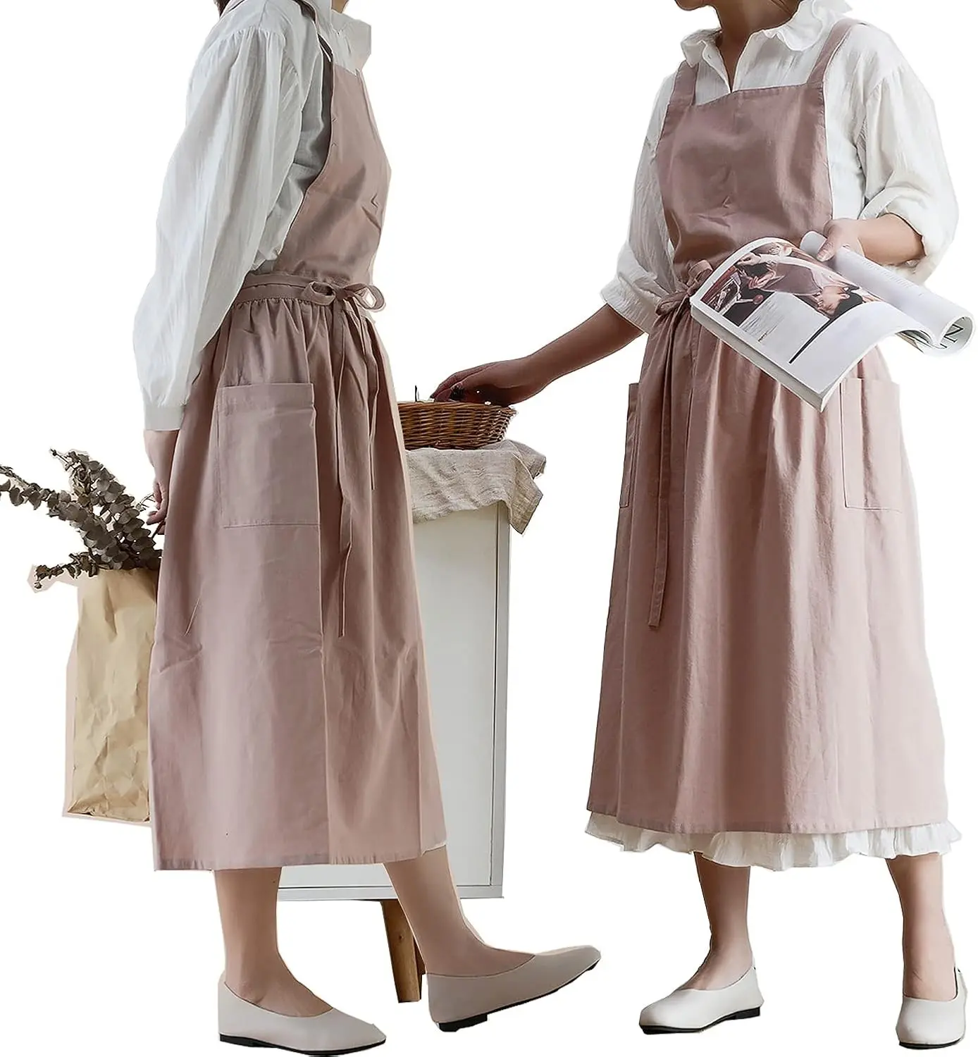 Women Cotton Linen Cross Back Apron with Pockets for Gardening Works Pinafore Dress