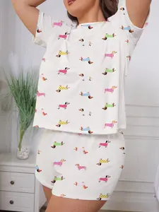 Women's Casual Loose Fit Sleepwear Set, Comfortable Short Sleeve Round Neck Top & Elastic Shorts, All-Season Home Wear