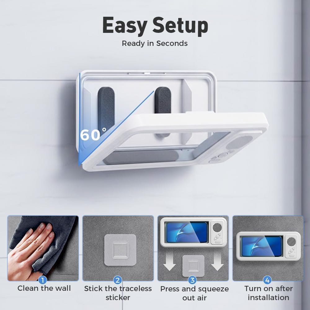 Waterproof Shower Phone Holder with Bluetooth Speaker – 2026 New IPX8 Waterproof Wall Mount, Universal Fit for All Smartphones, Bathroom & Shower Mirror Mount with Hands-Free Stand Stream Cellphone Adjustable