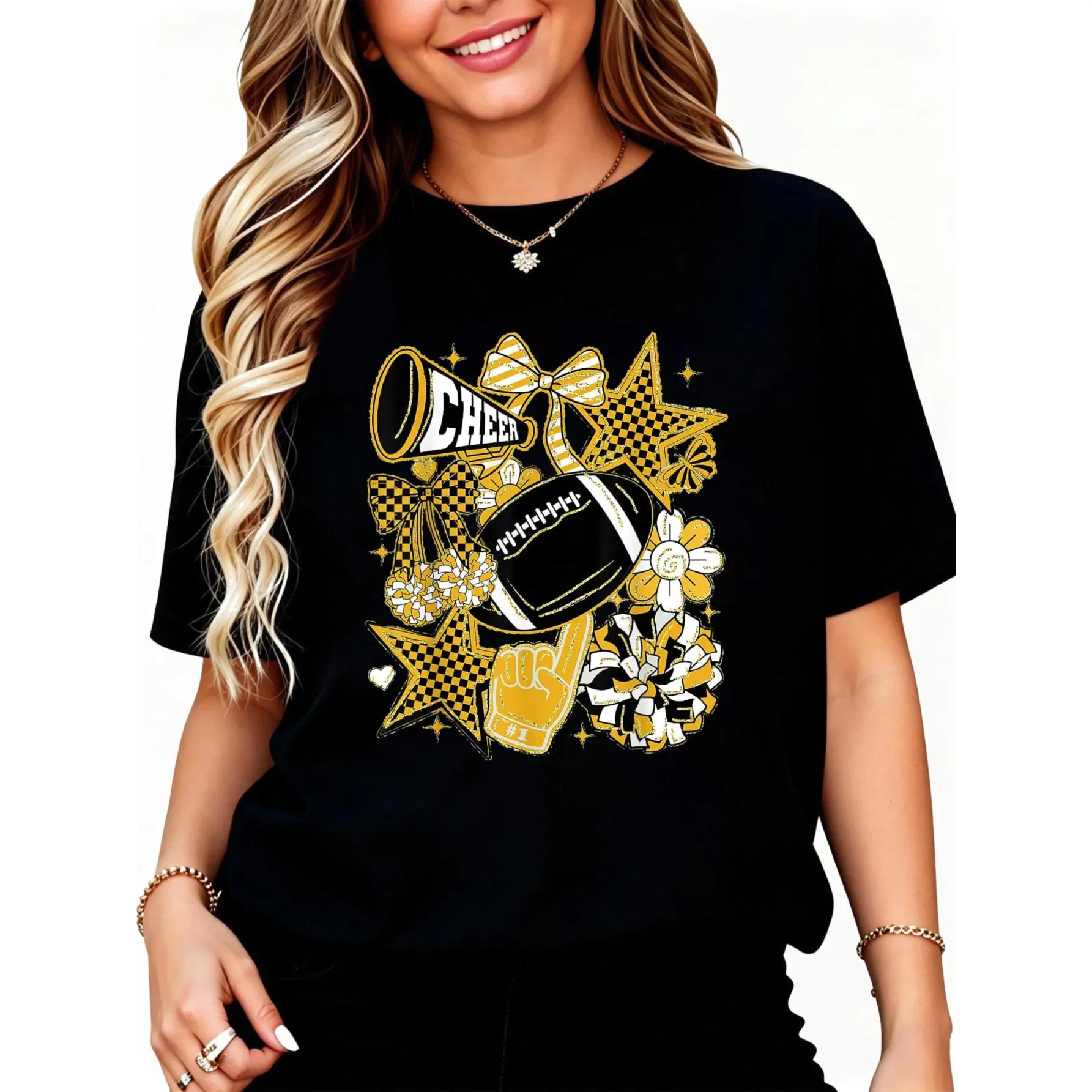 Coquette Bow Football Gold Black Game Cheer Mom Touchdown T-Shirt Unisex Cotton Clothing Streetwear