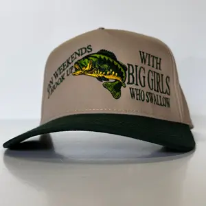 ON WEEKENDS I HOOK UP WITH BIG GIRLS WHO SWALLOW Funny Bass Fishing SnapBack Green Brim Mid Crown Hat Cap Custom Embroidered