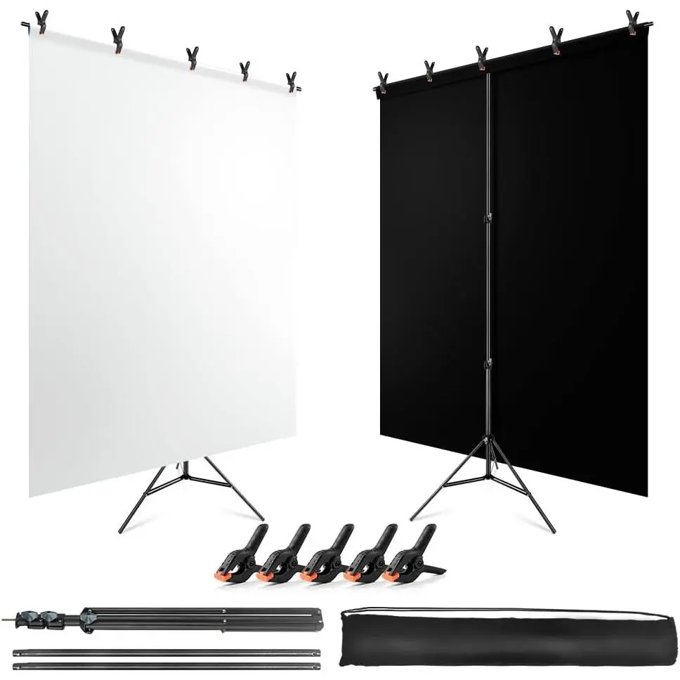 Black White Backdrop Screen with Stand Kit for Photo Video Studio Filming 5X6.5ft, Black Backdrop White Photo Curtain Background with T Shape Stand and 5 Spring Clamp for Photography Party Decorations