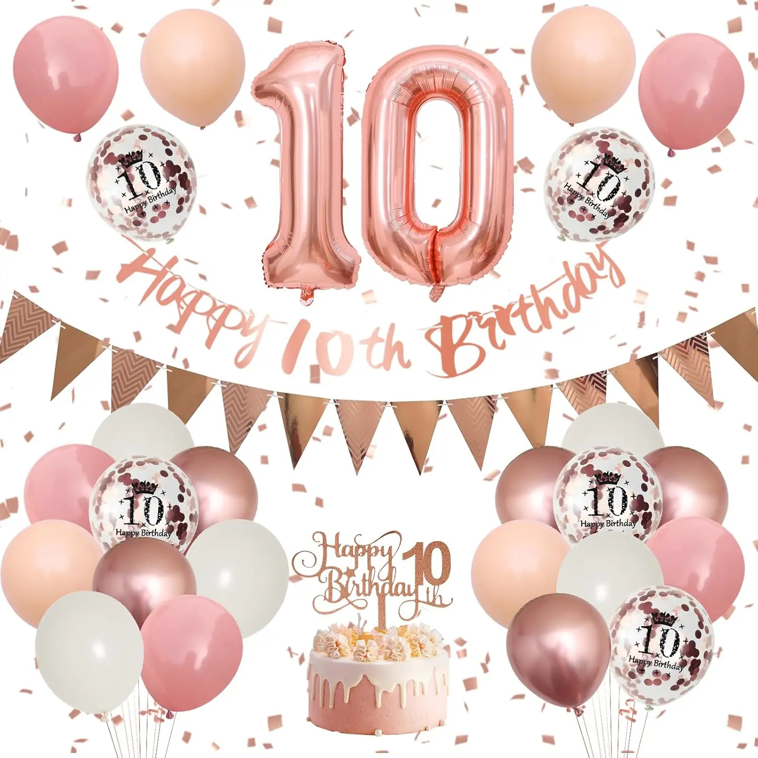 10th Birthday Decorations - Retro Pink Rose Gold, Happy 10th Birthday Banner with Cake Toppers, Number 10 Balloons, Confetti Balloons for Girls Birthday Party