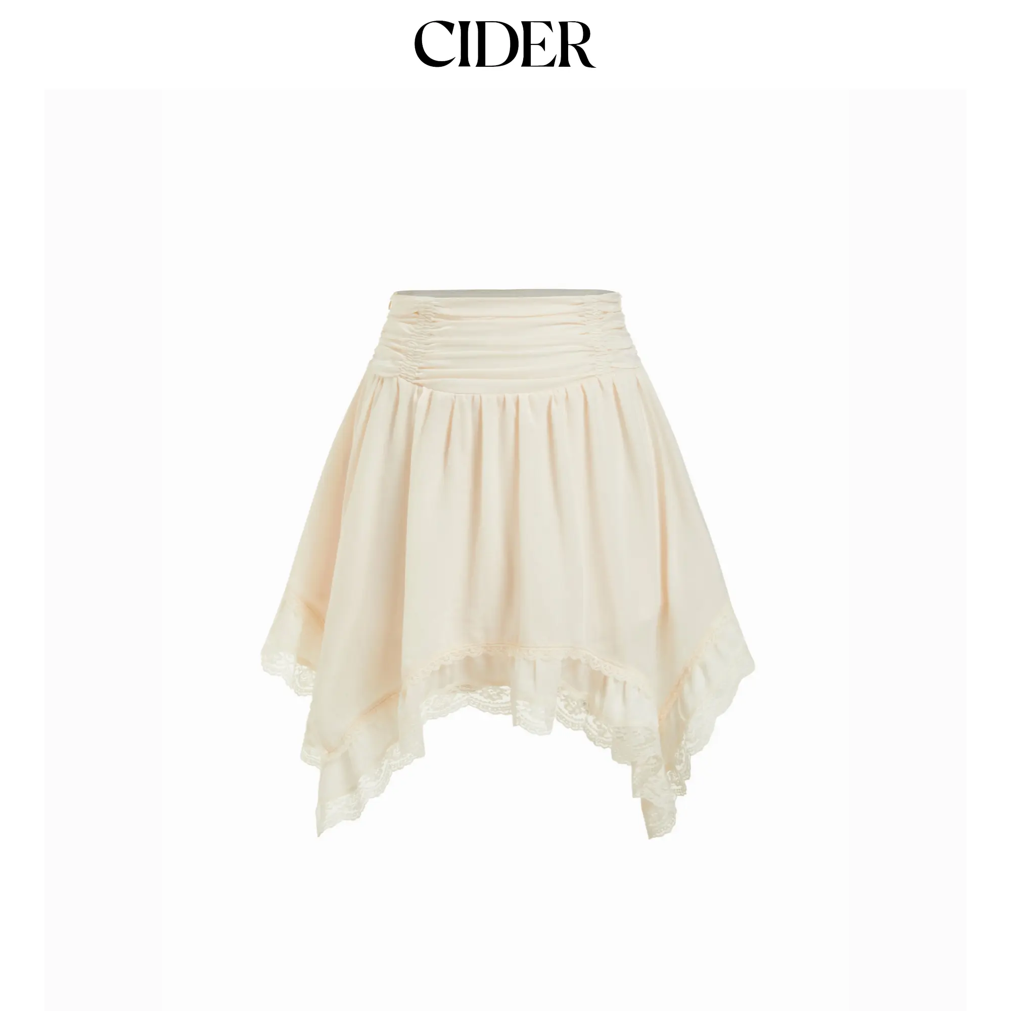 Cider Satin Lace Ruched Mid Rise  Asymmetrical Hem Mini Skirt