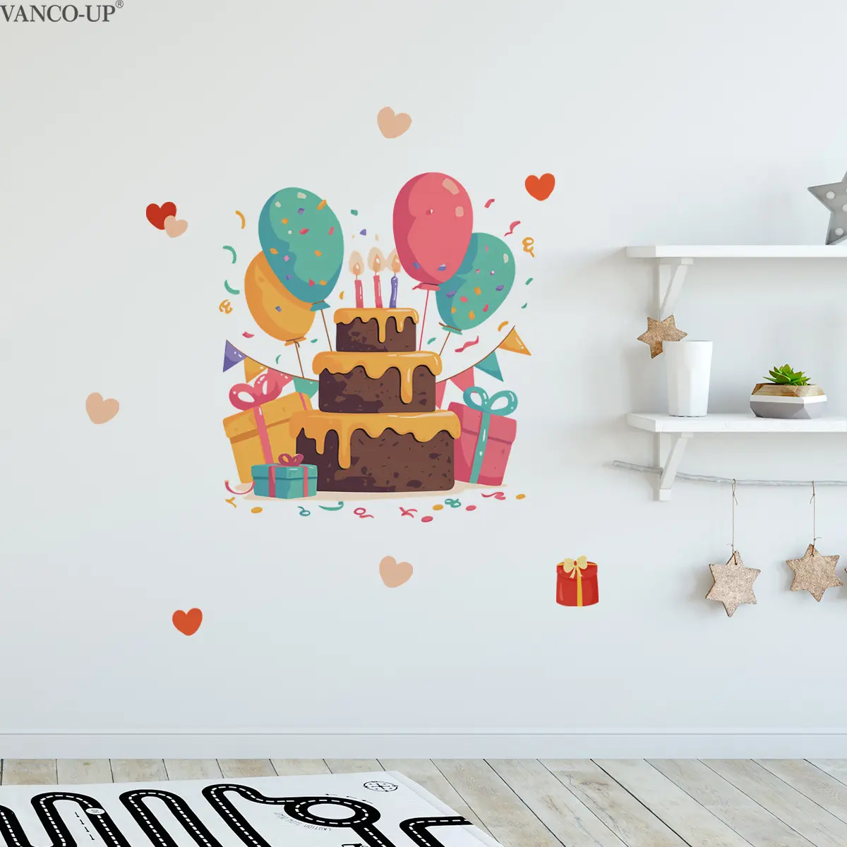 A set (30*60cm*2pcs) of healing two-layer birthday cake balloon party theme flat frosted wall stickers for home background, holiday celebration decoration, M21369-NC