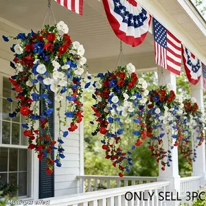 A Set of Three Artificial Patriotic Flowers in Red, White, And Blue, Perfect for Hanging Decorations. These Faux Floral Arrangements Are Ideal for July 4Th Celebrations, Weddings, And Seasonal Home Decor, Suitable for Gardens, Courtyards