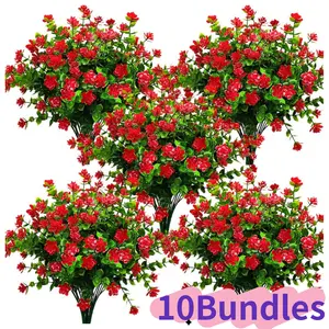 10 Bundles Artificial Fake Flowers 13.39" L x 8.6" W Faux Outdoor Plastic Plants UV Resistant Shrubs Outside Indoor Decorations (Red-Eucalyptus) Decorative Fruit