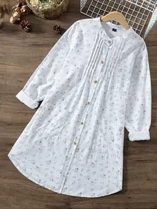 Plus Size Ditsy Floral Print Button Front Pleated Shirt Dress, Casual Boho Fashion Long Sleeve Round Neck Pocket Dress for Spring & Fall, Women's Clothes for Daily Wear Womenswear