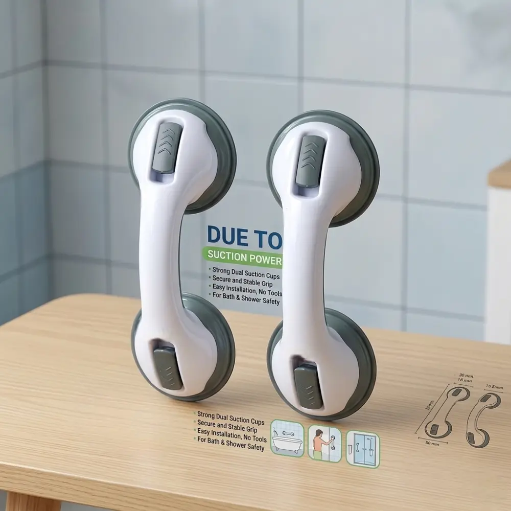 2-Pack Heavy-Duty Anti-Slip Recycled Plastic Shower Grab Bars - Grey Suction Safety Handles, Balance Aid for Elderly, Bathroom Home Improvement Fixtures