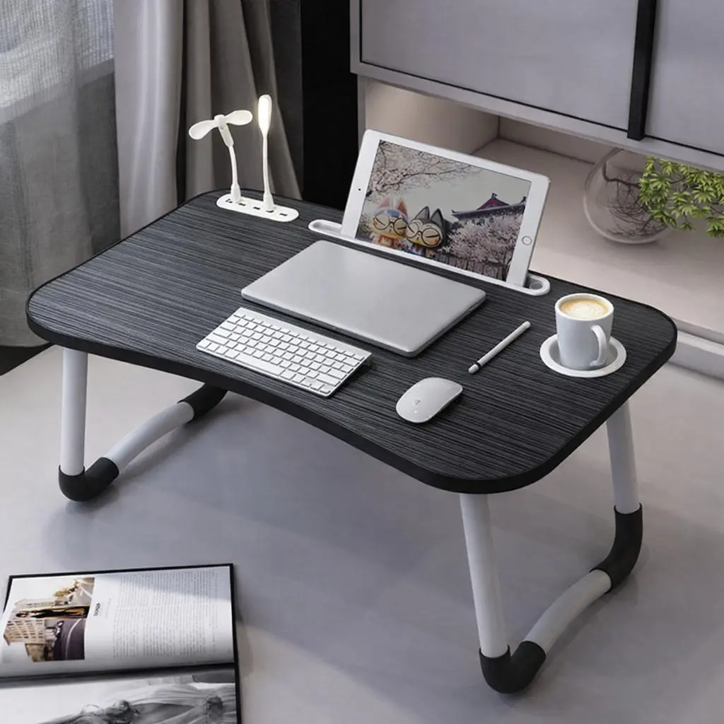 Plastic Large Foldable Lap Desk with USB Fan, LED Light, Tablet Slot - Lightweight Adjustable Laptop Stand & Tray for Adults, Work from Home, Balcony - Ergonomic Portable Bed Desk